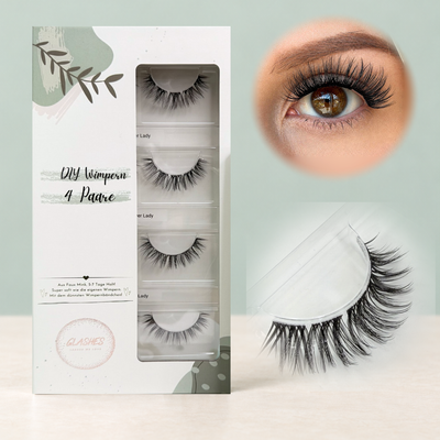 Flower Lady Dolleye (14 mm CC-Curl) – 4er-Box links, getragene DIY Wimpern am Auge rechts und Wimpern-Makroaufnahme darunter