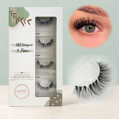 Angelic Eyes (Dolleye) 12-14mm D-Curl – 4er-Box links, getragene DIY Wimpern am Auge rechts und Wimpern-Makroaufnahme darunter