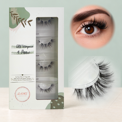 Black Peacock (Cateye) 10-14mm CC-Curl – 4er-Box links, getragene DIY Wimpern am Auge rechts und Wimpern-Makroaufnahme darunter