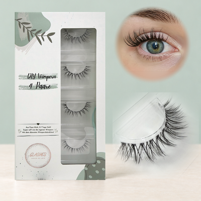 Butterfly Bliss (Cateye Look) 10-14mm D-Curl – 4er-Box links, getragene DIY Wimpern am Auge rechts und Wimpern-Makroaufnahme darunter