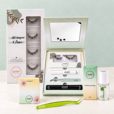 Glashes Komplett-Set mit gefüllter Travelbox, Vierer-Wimpernbox, Lashpad, Applikator und Super Bonder