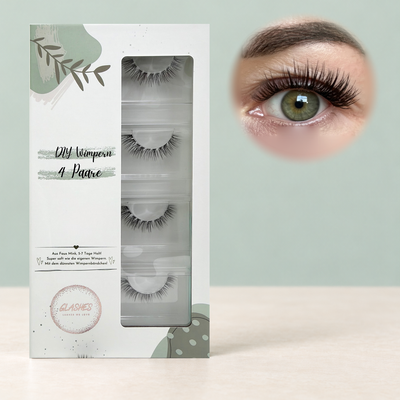 Evermore DIY-Wimpern von Glashes – geschlossene 4er-Box mit Tragebild am Auge