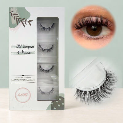 Glashes Lover (Dolleye 12-13mm D-Curl) – 4er-Box links, getragene DIY Wimpern am Auge rechts und Wimpern-Makroaufnahme darunter