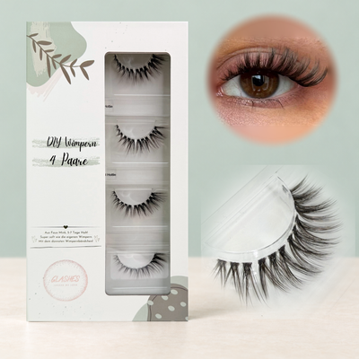 Hazel Hottie (Cateye) 9-14mm CC-Curl – 4er-Box links, getragene DIY Wimpern am Auge rechts und Wimpern-Makroaufnahme darunter