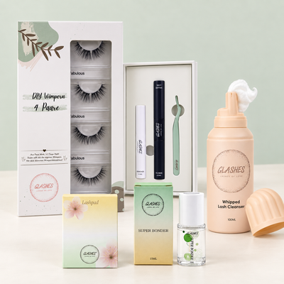 Glashes Komplett-Starterset mit vier Wimpernpaaren, Kleberset, Cleanser, Lashpad und Super Bonder