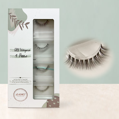 Evermore Braun 10 mm – stehende Glashes 4er-Box mit Detailaufnahme der braunen Wimpern.