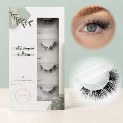 Angel Bloom (Cateye C-Curl 8-15mm) – 4er-Box links, getragene DIY Wimpern am Auge rechts und Wimpern-Makroaufnahme darunter