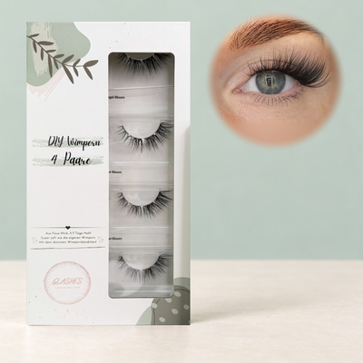Angel Bloom DIY-Wimpern von Glashes – geschlossene 4er-Box mit Tragebild am Auge