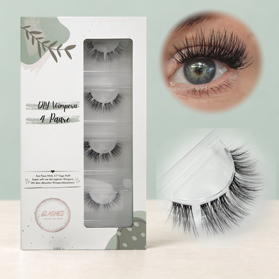 Flatterfee (Dolleye) 12-14mm CC-Curl – 4er-Box links, getragene DIY Wimpern am Auge rechts und Wimpern-Makroaufnahme darunter