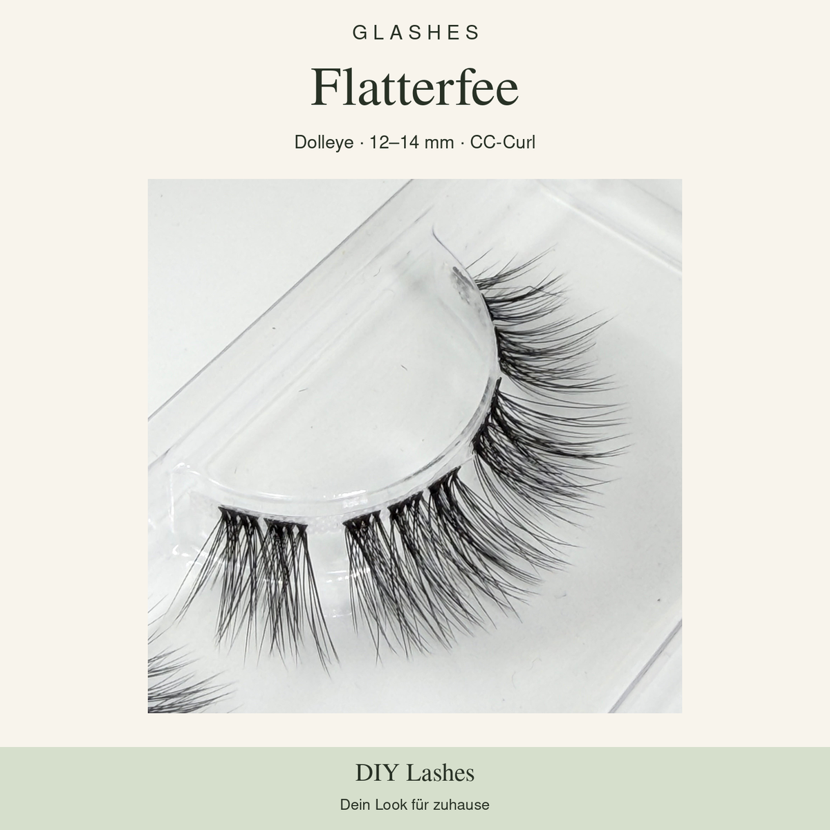 Glashes Flatterfee – Originalaufnahme der DIY-Wimpern im Tray, Dolleye, 12–14 mm, CC-Curl.