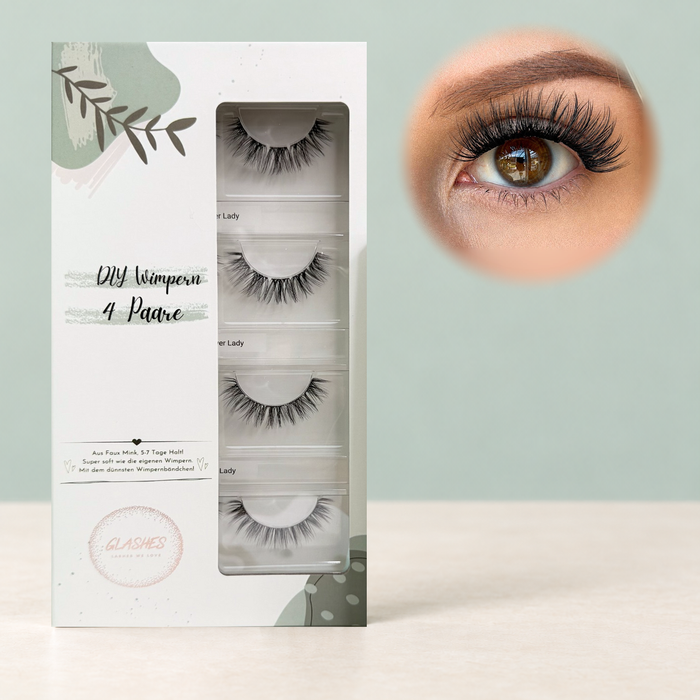 Flower Lady Dolleye DIY-Wimpern von Glashes – geschlossene 4er-Box mit Tragebild am Auge