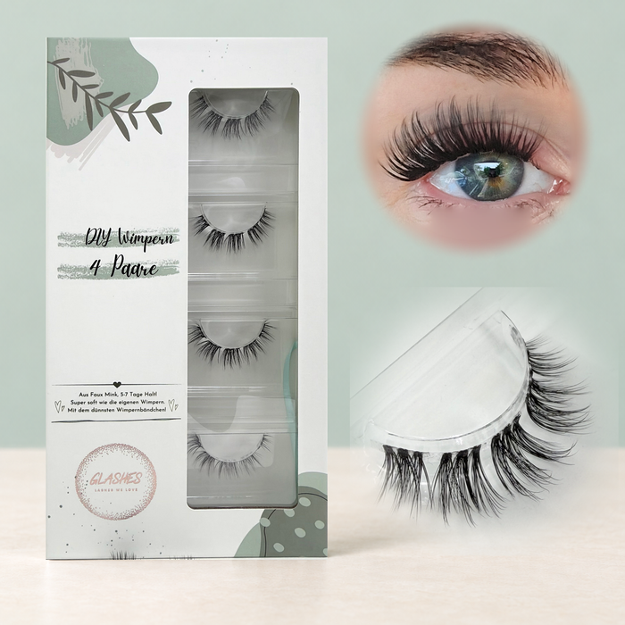 Glashes Fairytale (Dolleye 10-14mm CC - Curl) – 4er-Box links, getragene DIY Wimpern am Auge rechts und Wimpern-Makroaufnahme darunter