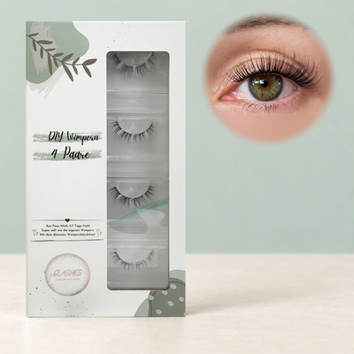 Honey Eye DIY-Wimpern von Glashes – geschlossene 4er-Box mit Tragebild am Auge