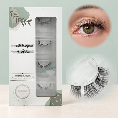 Honey Eye (Dolleye) 10-12mm CC-Curl – 4er-Box links, getragene DIY Wimpern am Auge rechts und Wimpern-Makroaufnahme darunter