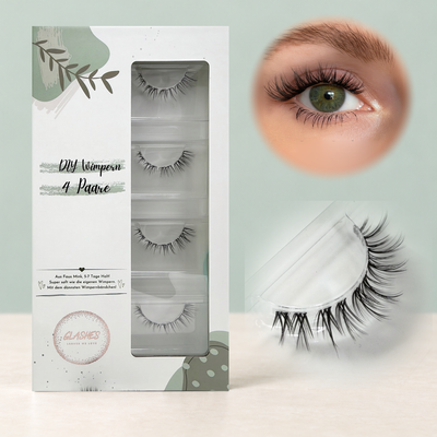 Luna Lash (Cateye 6-14mm) CC- Curl – 4er-Box links, getragene DIY Wimpern am Auge rechts und Wimpern-Makroaufnahme darunter