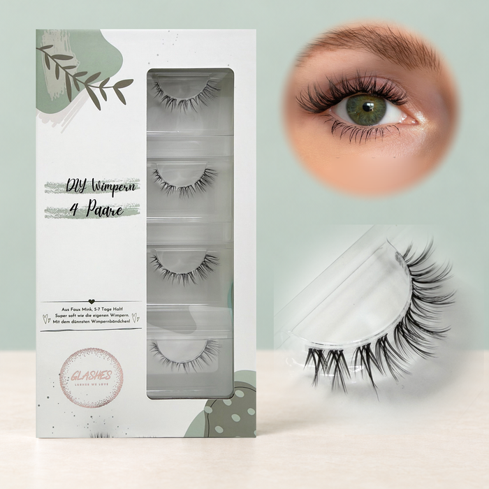 Luna Lash (Cateye 6-14mm) CC- Curl – 4er-Box links, getragene DIY Wimpern am Auge rechts und Wimpern-Makroaufnahme darunter