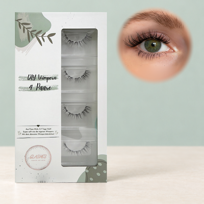 Luna Lash DIY-Wimpern von Glashes – geschlossene 4er-Box mit Tragebild am Auge
