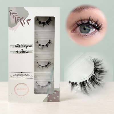 Tokyo Nr.1 – The Hybrid Lash (10–12 mm, 14-mm-Spikes) – 4er-Box links, getragene DIY Wimpern am Auge rechts und Wimpern-Makroaufnahme darunter