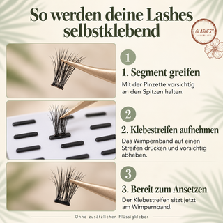 Anwendung der Glashes Pre-Glued Klebestreifen: Wimpernsegment mit der Pinzette greifen, Wimpernband auf einen Klebestreifen drücken und abheben.