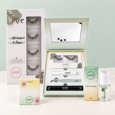 Glashes Set mit gefüllter Travelbox, Vierer-Wimpernbox, Lashpad und Super Bonder