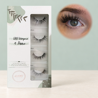 Silky Bloom DIY-Wimpern von Glashes – geschlossene 4er-Box mit Tragebild am Auge
