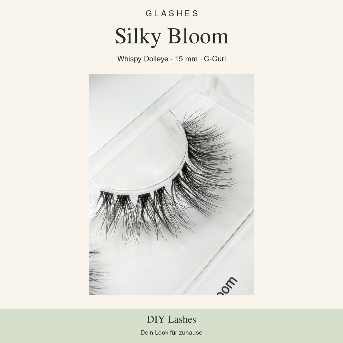 Glashes Silky Bloom – Originalaufnahme der DIY-Wimpern im Tray, Whispy Dolleye, 15 mm, C-Curl.