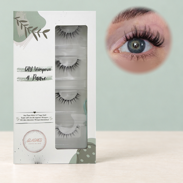 Spicy Spike DIY-Wimpern von Glashes – geschlossene 4er-Box mit Tragebild am Auge