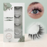 Spicy Spike (Dolleye Look) 12-14mm C-Curl – 4er-Box links, getragene DIY Wimpern am Auge rechts und Wimpern-Makroaufnahme darunter