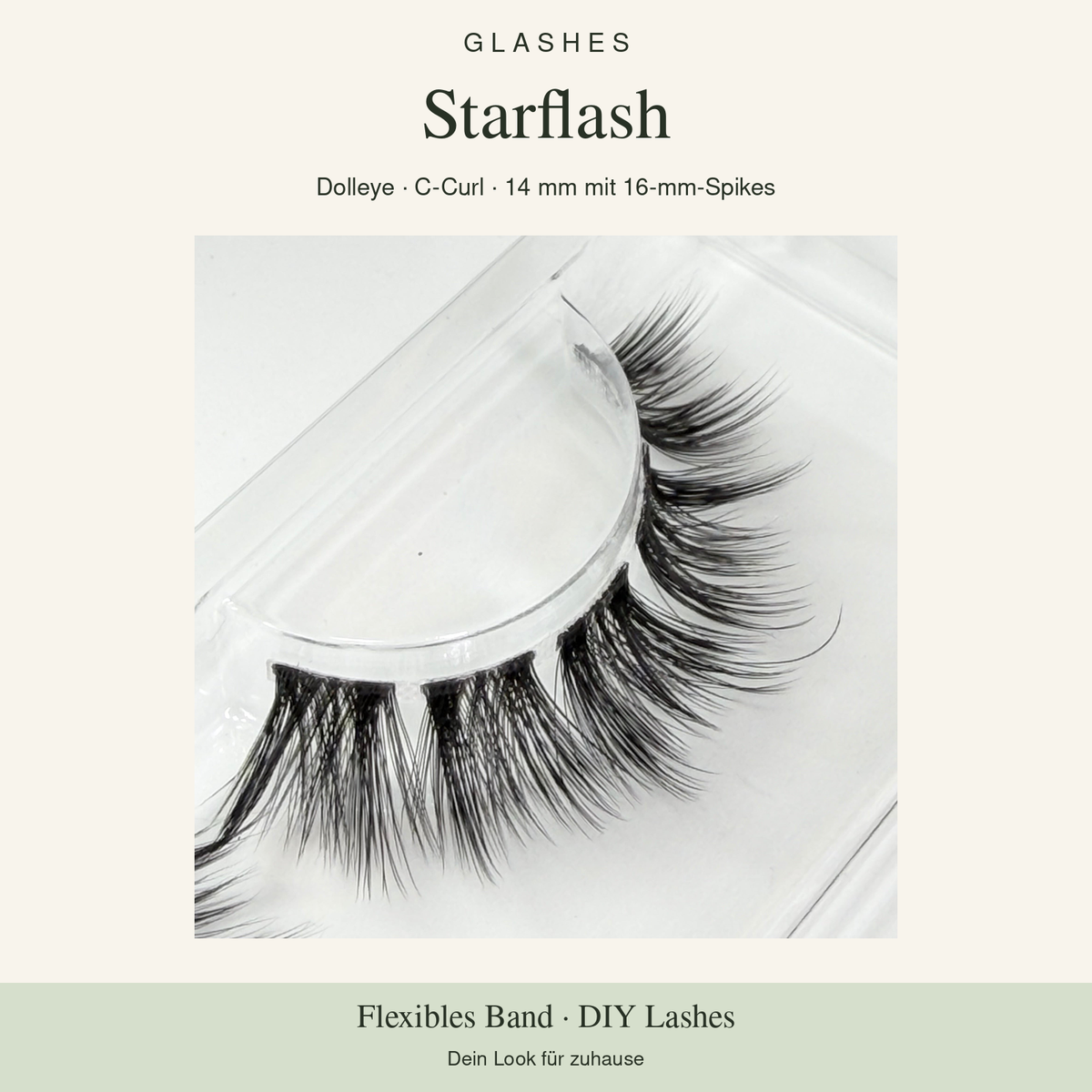 Glashes Starflash – Originalaufnahme der DIY-Wimpern im Tray, Dolleye, C-Curl, 14 mm mit 16-mm-Spikes.