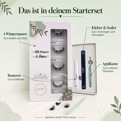 Inhalt des Glashes Startersets: vier Wimpernpaare nach Wahl, Kleber und Sealer, Remover und Applikator
