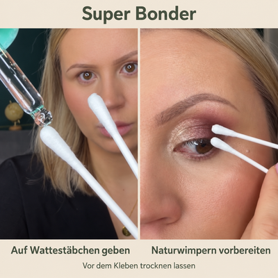 Glashes Super Bonder Anwendung: auf Wattestäbchen geben und die Naturwimpern vor dem Anbringen der DIY-Lashes vorbereiten.