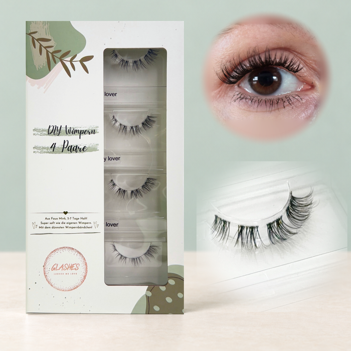 Whispy Lover (Cateye Look) 8-12mm CC-Curl – 4er-Box links, getragene DIY Wimpern am Auge rechts und Wimpern-Makroaufnahme darunter