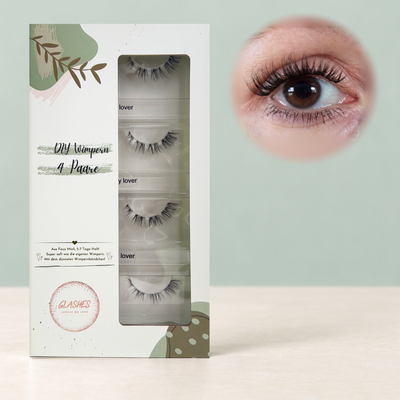 Whispy Lover DIY-Wimpern von Glashes – geschlossene 4er-Box mit Tragebild am Auge
