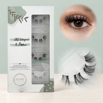 Wonderwoman ( Cateye 11-16 mm CC- D Curl) – 4er-Box links, getragene DIY Wimpern am Auge rechts und Wimpern-Makroaufnahme darunter
